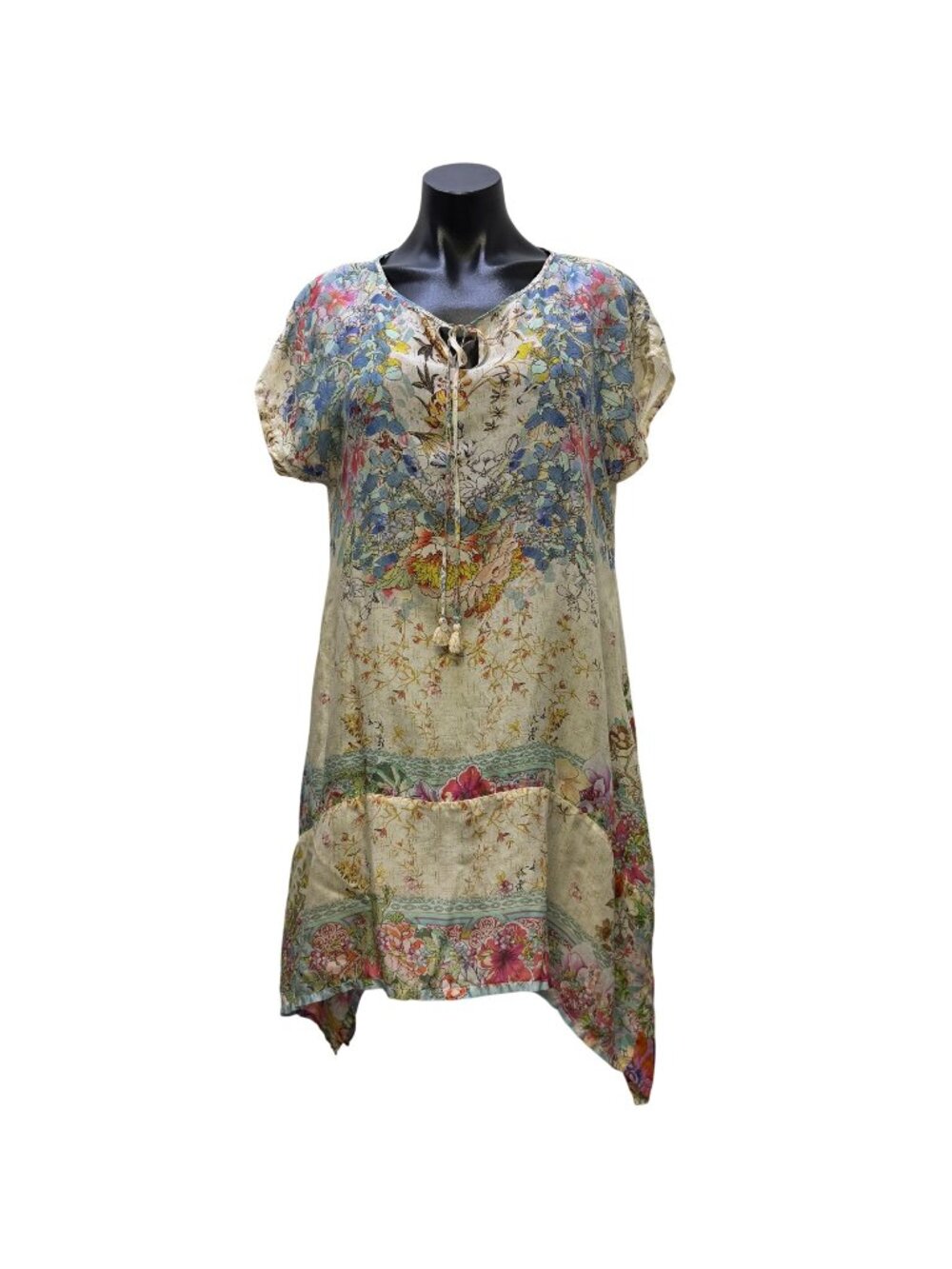 Johnny Was Silk Floral Tunic Dress Multicolor Handkerchief Hem Size S